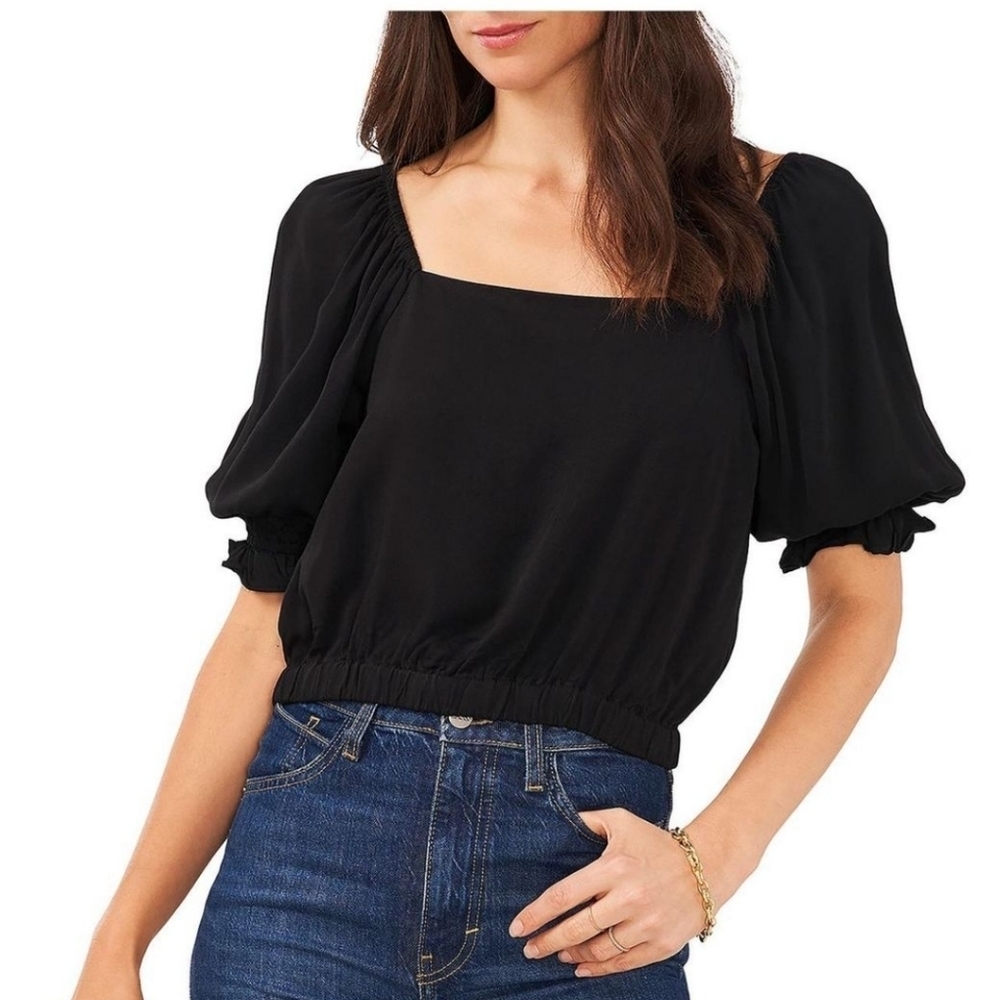 1.STATE black puff sleeve square neck cropped shirt